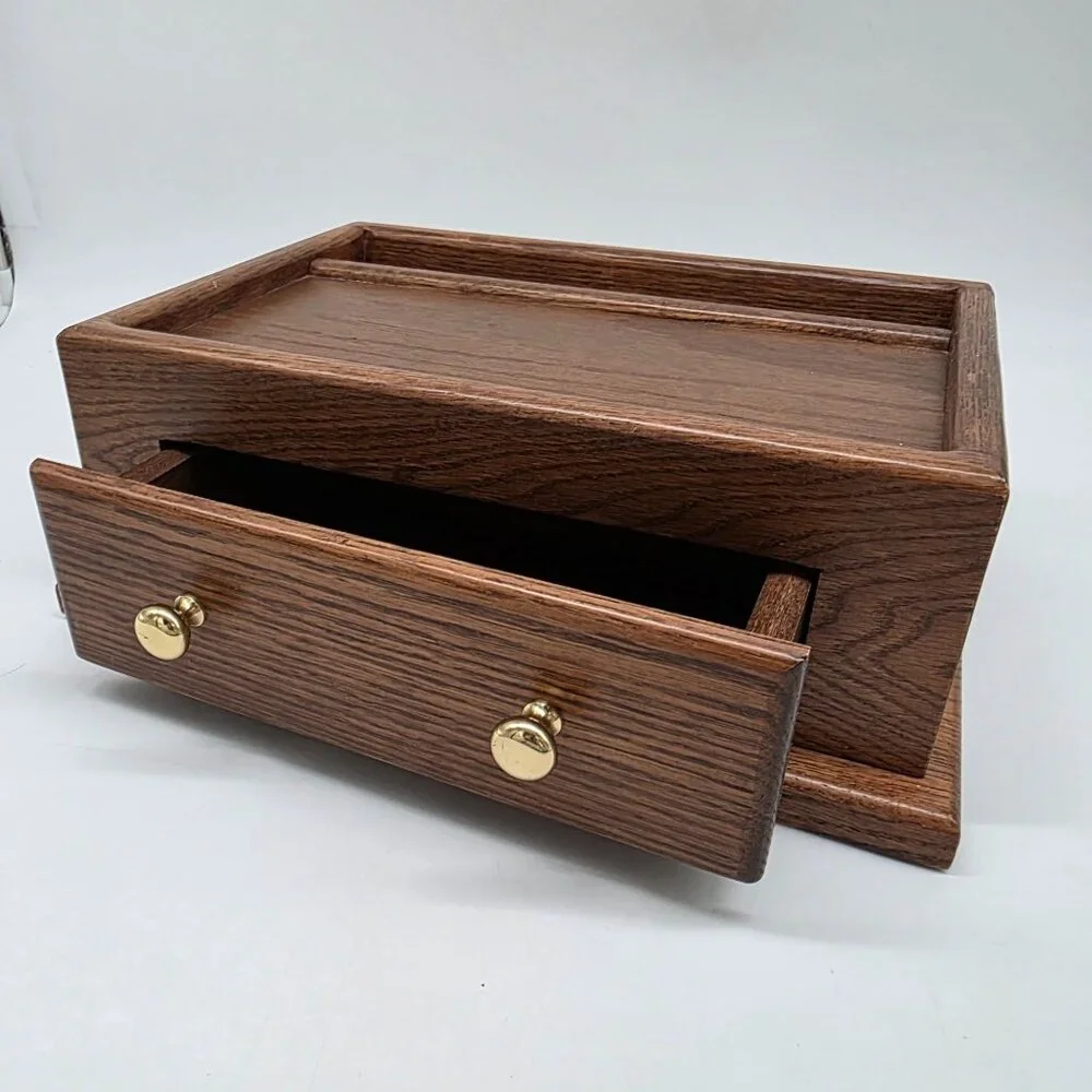 Vintage Genuine Walnut Jewelry Desk Valet Box 2 Drawer